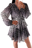 Women's  Leopard Buttoned Tie Waist Ruffle Puff Sleeve Mini Dress