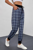 LC772587-5-S, LC772587-5-M, LC772587-5-L, LC772587-5-XL, Blue  High Waisted Drawstring Plaid Joggers with Pockets