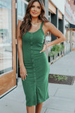 LC618439-9-S, LC618439-9-M, LC618439-9-L, LC618439-9-XL, Green  Buttoned Ribbed Sleeveless Bodycon Midi Dress