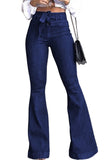 Women's High Waist Bell Bottom Jeans with Attached Belt