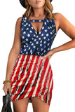 Women's Stars Stripes USA Flag Print Wrapped Sleeveless Dress
