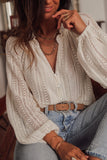 Women's Eyelet Knit V-Neck Long Sleeve Button Up Lace Shirt