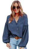 Women's Balloon Sleeve V Neck Blouse Button Up Loose Fit Shirt