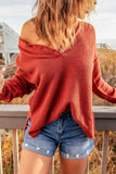 Henley Pullover Drop Shoulder Sweater with Slits