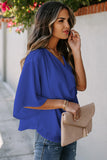 LC253392-5-S, LC253392-5-M, LC253392-5-L, LC253392-5-XL, LC253392-5-2XL, Estate Blue Women's Casual Summer Sleeve Wrap V Neck Draped Blouses Solid Color Tops Shirts