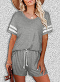 Gray Women's Loungewear Sets Knot Solid Striped Short Sleeve Round Neck Pencil Casual Daily Loungewear Sets LC4511572-11
