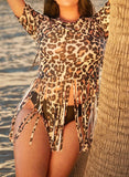Leopard Print Fringe Hem Swimsuit Short Sleeve Plus Size Tankinis