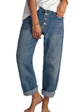 Blue Jeans Button-up Boyfriend Straight Jean Wide Leg Denim Pants for Women