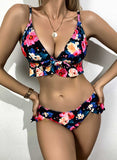 Two Piece Floral Print Ruffled Trim Womens Bikini Sets