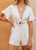 White Short Ruffle Sleeves Tie Front Top High Waisted Rompers