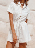 White Blouse With Single Breasted Top High Waist Drawstring Rompers