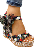 Women's Wedge Heel Floral Sandals Ankle Strappy With Bow Tie