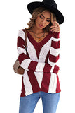 Red Blue/Green/Gray/Khaki/Brown Striped Colorblock V Neck Knitted Sweater LC272144-3