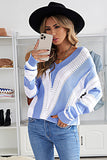 Sky Blue Blue/Green/Gray/Khaki/Brown Striped Colorblock V Neck Knitted Sweater LC272144-4