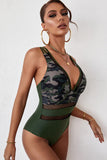 Green Women's Swimsuits Camouflage Criss Cross Mesh One-piece Swimsuits LC441886-9