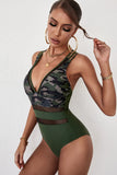 Green Women's Swimsuits Camouflage Criss Cross Mesh One-piece Swimsuits LC441886-9