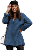 Sky Blue White/Black/Gray/Khaki V neck Drop Shoulder Knitted Sweater LC2721139-4