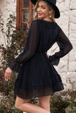 LC222686-2-S, LC222686-2-M, LC222686-2-L, LC222686-2-XL, Black /Beige Lacy V Neck Ruffled Mini Dress