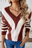 Brown Blue/Green/Gray/Khaki/Brown Striped Colorblock V Neck Knitted Sweater LC272144-17