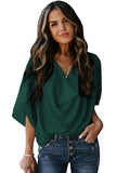 LC253392-9-S, LC253392-9-M, LC253392-9-L, LC253392-9-XL, LC253392-9-2XL, Green Women's Casual Summer Sleeve Wrap V Neck Draped Blouses Solid Color Tops Shirts