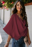 LC253392-3-S, LC253392-3-M, LC253392-3-L, LC253392-3-XL, LC253392-3-2XL, Red Women's Casual Summer Sleeve Wrap V Neck Draped Blouses Solid Color Tops Shirts