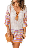 Patterned Lace-up 3/4 Sleeve Knit Beach Dress