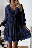 LC222686-5-S, LC222686-5-M, LC222686-5-L, LC222686-5-XL, Blue Black /Beige Lacy V Neck Ruffled Mini Dress