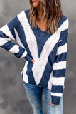 Blue Blue/Green/Gray/Khaki/Brown Striped Colorblock V Neck Knitted Sweater LC272144-5