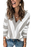 V Neck Hollow Out Color Block Knitted Sweater