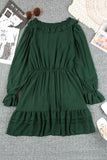 LC222686-9-S, LC222686-9-M, LC222686-9-L, LC222686-9-XL, Green Black /Beige Lacy V Neck Ruffled Mini Dress