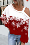 Red Snowflake Casual Dew Shoulder Sweater