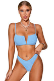 Women's Sky Blue Ribbed Spaghetti Strap High Cut Bikini