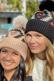 Women's Western Geometric Pattern Knit Jacquard Pom Beanie Hat