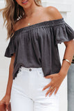 Women's Solid Color Off Shoulder Crop Top Textured Ruched Ruffle Blouse