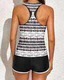LC415772-2-S, LC415772-2-M, LC415772-2-L, LC415772-2-XL, LC415772-2-2XL, Black 3pcs Athletic Tankini Swimsuit Tank Tops with Sports Bra and Boyshorts