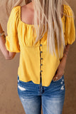 LC25119662-7-S, LC25119662-7-M, LC25119662-7-L, LC25119662-7-XL, Yellow Ruched Buttoned Puff Sleeve Blouse
