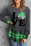 Women's Gray and Green Plaid Splicing Sweatshirts Love Print St Patrick Shirt