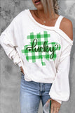 Women 's Puff Sleeve Cold Shoulder Lucky Print Sweatshirt for St. Patrick Day
