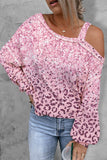 Women's Pink and Leopard Color Block Cold Shoulder Pink Sweatshirt