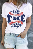 Women's Tis The Season Baseball Print White T-shirt Graphic Short Sleeve Tee