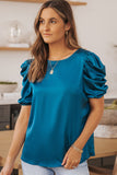 LC25119594-5-S, LC25119594-5-M, LC25119594-5-L, LC25119594-5-XL, Blue Ruched Puff Short Sleeve Satin Blouse