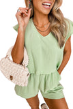 Women's Two Piece Crinkled Texture Summer Outfits V Neck Ruffled Sleeve Tops and Shorts Set