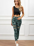 Camouflage Print High Rise Ripped Jeans