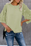 Women's Billowy Sleeves Crew Neck Shirt Lace Trim Chiffon Blouse