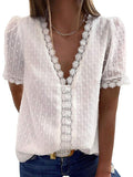 Women's Swiss Dot Short Sleeve Crochet Lace Blouse Shirt