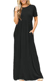 Womens High Waisted Short Sleeve Pocket Plain Maxi Dress Black