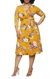 Plus Size v neck 3/4 Sleeve Floral Midi Dress