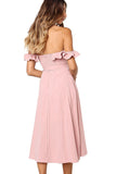 Button Front Ruffle Off Shoulder Midi Dress With Belt Pink