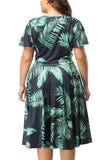 Plus Size V Neck Tropical Print Dress With Belt Green