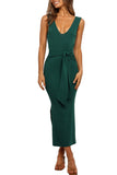 Backless Solid Slit Bodycon Maxi Dress With Slit Green